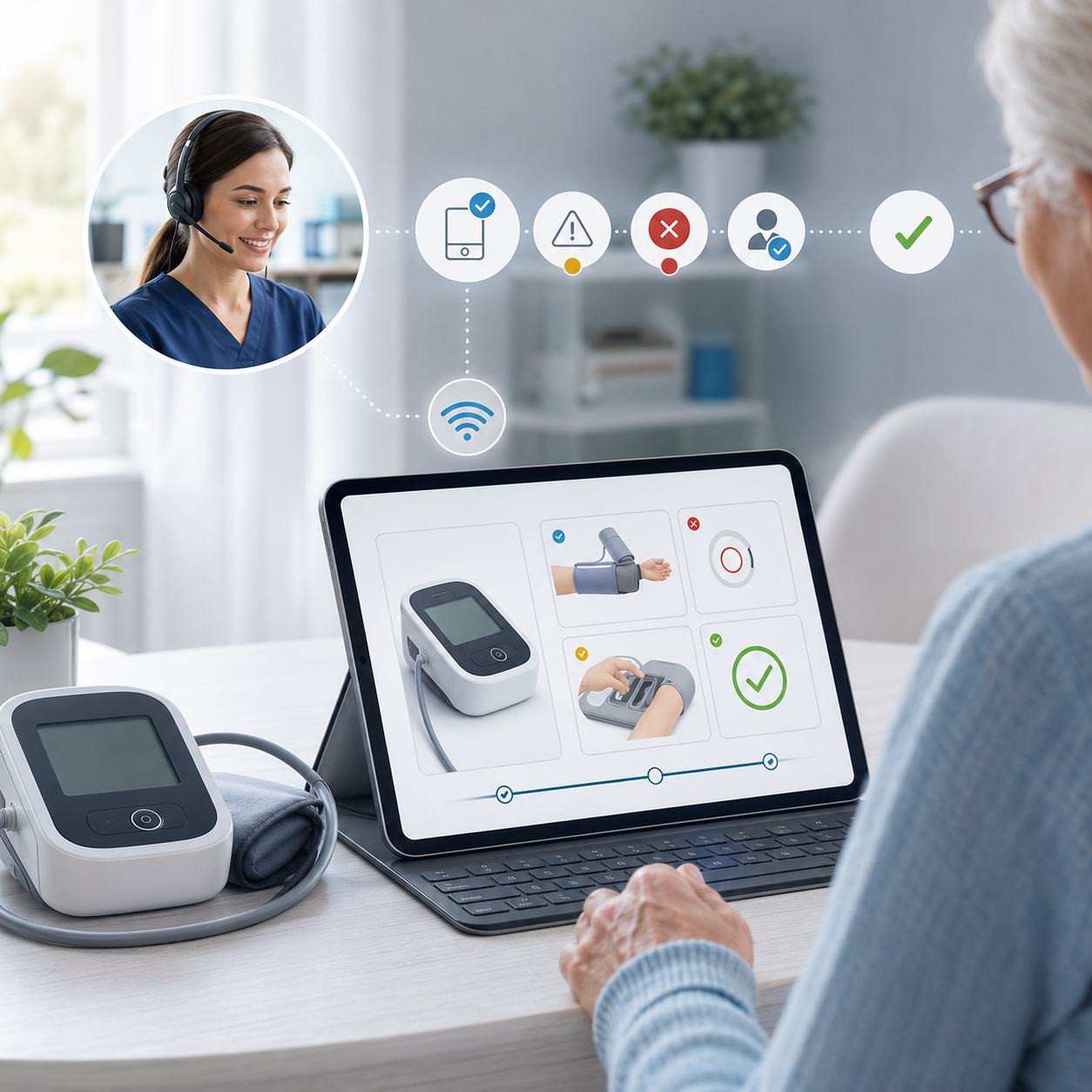 Patient using a home medical device with a digital support interface showing setup steps, troubleshooting indicators, and successful resolution.