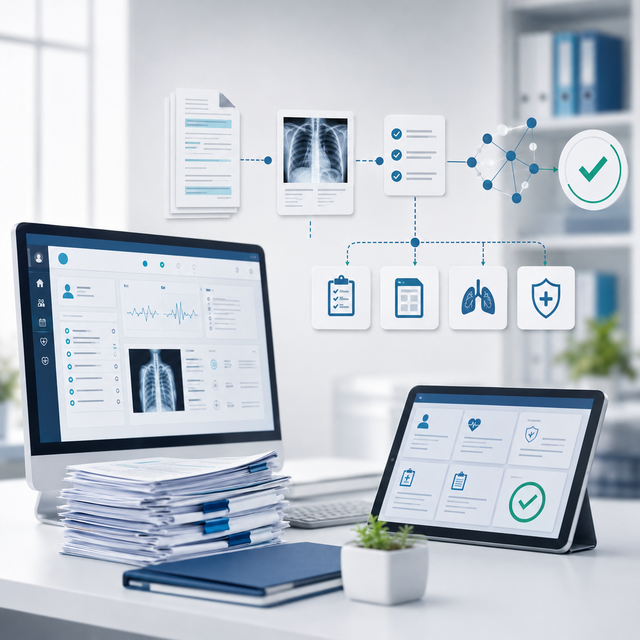 Digital prior authorization workflow showing medical documentation, payer review steps, and approval indicators in a healthcare operations setting