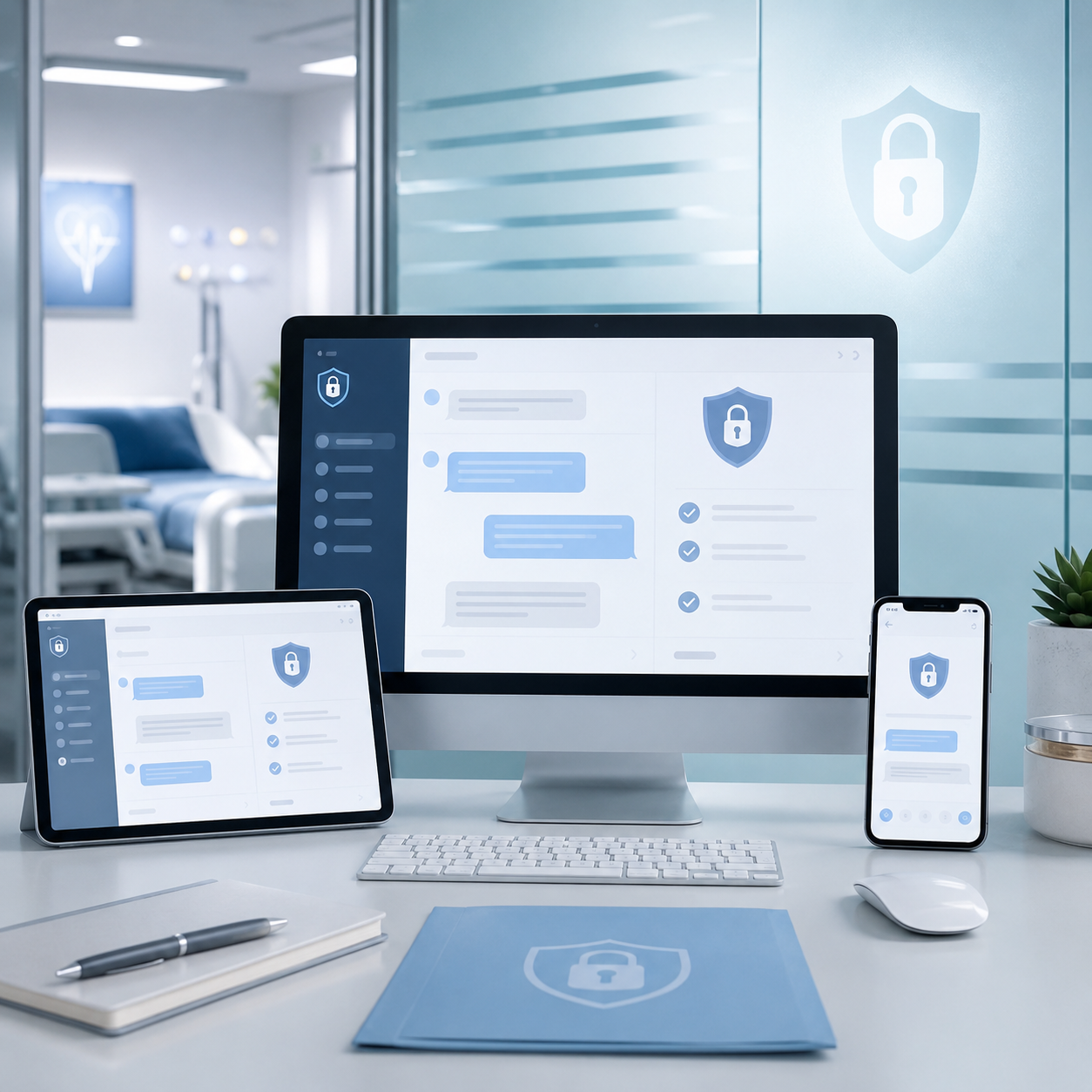 Secure healthcare messaging platform displayed on desktop, tablet, and mobile devices in a modern clinical office.